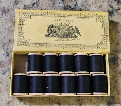 J & P Coats Wood Spool Best 6 Cord Black Cotton Thread Box Of 11 80 YDS EA. VTG - Image 1 of 3