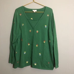 Quacker Factory Christmas Gift Sweater XL Green Embellished Buttons Pullover - Picture 1 of 10