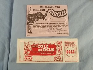 Lot of 2 Vintage FAMOUS COLE WILD ANIMAL CIRCUS Tickets - Picture 1 of 4