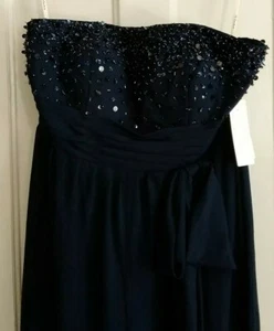 TS Couture JUMPSUIT/GOWN Women M-L NWT Navy Blue Pleated Sequins Beads Strapless - Picture 1 of 12