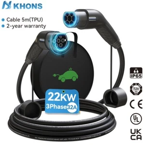 Khons Typ2 zu Typ2 22kw 32A EV Ladegerät Buchse-Stecker-Stecker Mit Kabel 5M TPU - Zdjęcie 1 z 12