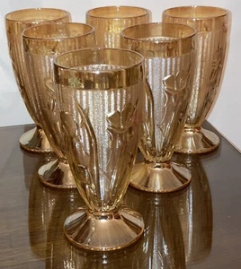 Set /Six Jeannette Glass IRIS & HERRINGBONE Iridescent 6” Footed Tumblers, EXC - Picture 1 of 9