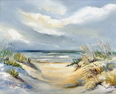 Original „Ostsee Darß“ 30x24 cm Ölgemälde S.Kreft Wellen Strand Möwen Seeblick - Bild 1 von 4