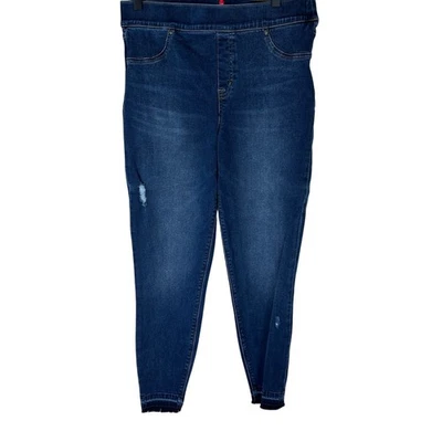Pantalones de mezclilla ajustados Spanx XL lavado oscuro desgastados dobladillo crudo tiro alto Y2K grunge adelgazantes Foto 1 de 4