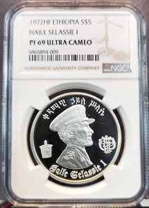 1972 ETHIOPIA SILVER 5 BIRR HAILE SELASSIE I NGC PF 69 ULTRA CAMEO SCARCE BEAUTY - Picture 1 of 3