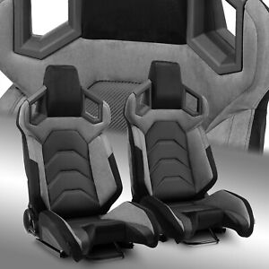 Pure Black+Gray Reclinable PVC Car Racing Seats Pair [Pure Series] W/Slider L&R