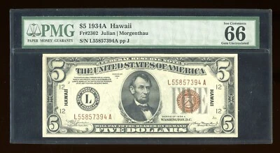 DBR 1934-A $5 FRN Hawaii Gem Fr. 2302 PMG 66 EPQ Serial L55857394A - Image 1 of 2