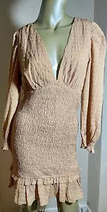 Bodycon Kleid Größe Medium taupe gerafft tiefer Ausschnitt V-Ausschnitt Langarm Vera & Lucy neu mit Etikett - Bild 1 von 17