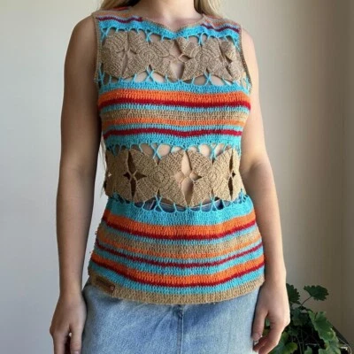 Top Billabong Mujer 12 Vintage Beige, Naranja, Rojo y Azul Crochet Rayas Foto 1 de 4