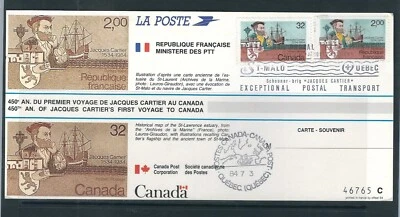 Canada SC # 1011 France 1923 Joint Issue Souvenir Card Cartier's Landing . Used - Image 1 of 2
