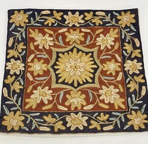 Vintage Crewel Work Cushion Cover / Embroidered/ Floral / 16”