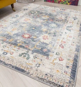 Grey Vintage Style Rugs Faded Old Style Large Modern Floral Patterned Floor Rug - Picture 1 of 7