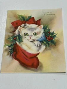 Vintage Greeting Card Christmas Cat In Red Stocking G3 - Picture 1 of 3