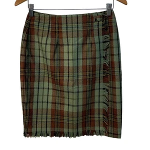 Forenza Women’s Plaid Knee Length Wrap Skirt with Fringe Brown Green Plaid Sz 6 - Picture 1 of 12