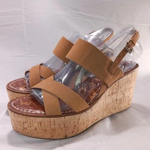 Sam Edelman Destiny Tan Leather Wedge Sandals Cork Platform Heels 9.5 Boho - Picture 1 of 16