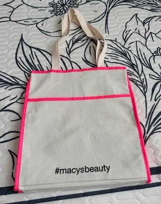 Macy’s Beauty 罕见 米色 带霓虹粉色装饰帆布 棉购物旅行托特包 — 第 1/3 张图片