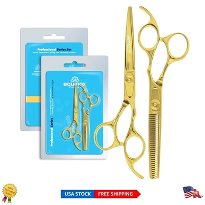 Juego de tijeras de peluquero de 2 piezas - Tijeras ergonómicas doradas y tijeras adelgazantes Foto 1 de 4