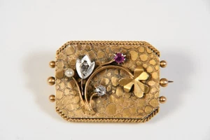 N96N12- Jugendstil Gold 585 14kt Brosche um 1880 Altschliff Diamant Rubin Perle - Bild 1 von 12