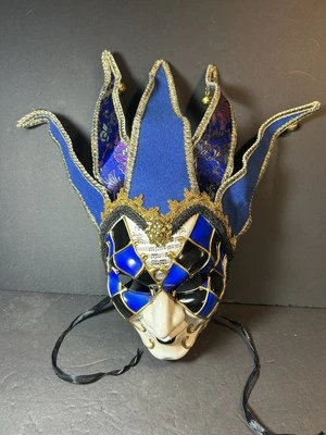 Costume Dress Up Theater Full Face Venetian Jester Joker Mask Blue W/ Bells - Image 1 of 4