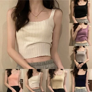 Solid Color Women Summer Vests Sleeveless Knitted Crop Tank Tops for Daily Wear - Picture 1 of 15