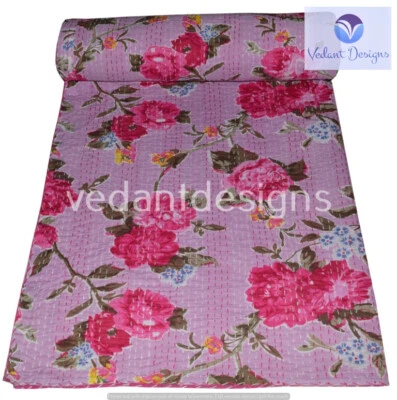 Handmade Floral Kantha Embroidery Queen Blanket Throw Indian Bedspread - Image 1 of 4