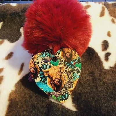 Highland Cow Handmade Western Pom Pom Tassel Keychain Custom Key Ring - Image 1 of 2