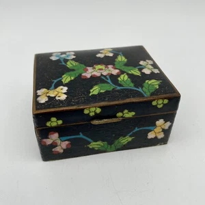 Antique Chinese Cloisonné Black Floral Hinged Trinket Jewelry Stash Cig Box - Picture 1 of 14