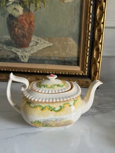 Tetera antigua rara Copeland Spode Inglaterra amarillo verde vistas continentales 10x6" - Imagen 1 de 10