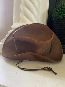 Minnetonka Aussie Hat Genuine Ruff Distressed Leather Outback Brown Hat Unisex - Picture 1 of 6