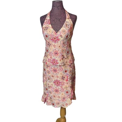 De colección Y2K Nanette Lepore Talla 8 Top 4 Falda Floral Lentejuelas Seda Halter Conjunto de 2 Piezas Foto 1 de 4