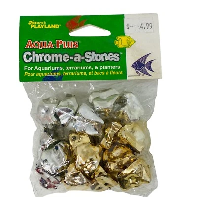 (3 Pacotes) Aquários de peixes Nature's Playland Aqua Plus Chrome-a-Stones prata dourada - Imagem 1 de 4