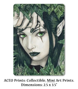 Arte Fantasía IMPRESIÓN ACEO Hada Gótica Fantasía Verde Bosque Oscuro Hojas Cara de elfo - Imagen 1 de 3