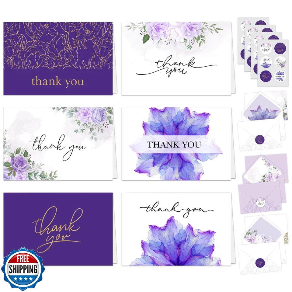 Pack de 24 tarjetas de agradecimiento decorativas de 6x4 pulgadas púrpura con sobres y pegatinas, 6 Foto 1 de 4