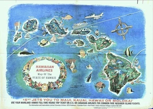 Riesige Hawaiian Airlines illustrierte Karte 1970 Vintage Nachbarinsel Nachrichtenauszug - Bild 1 von 1