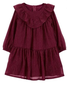 4T Carter’s Party Dress Sparkly Dark Red Long Sleeved Fancy Ruffles Toddler Girl - Picture 1 of 11