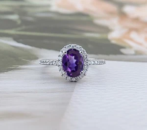 Oval Cut Genuine Purple Amethyst Halo Ring 925 Silver with CZ Accents - Picture 1 of 5
