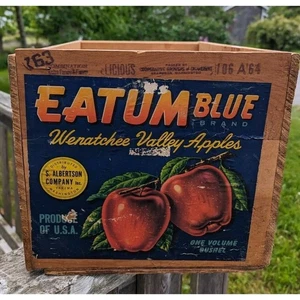 Antique Eatum Blue Branch Apple Wenatchee Valley Wooden Crate Paper Label - Picture 1 of 11