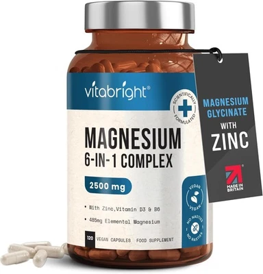 VITABRIGHT 2500mg Magnesium Complex 6 in 1 (Magnesium Glycinate, Citrate) with Zinc,D3 &B6