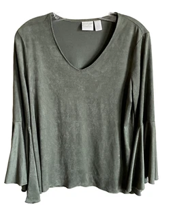 Chicos Flare Sleeve Top Boho Faux Suede Luxe Stretch Olive Green SZ 1 or M - Picture 1 of 8