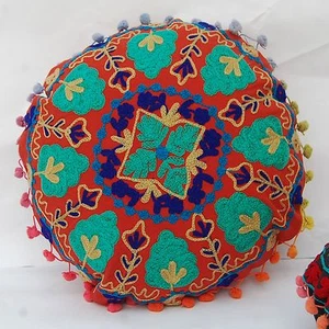 Suzani Embroidery Vintage Indian Uzbek Pom-Pom Round Orange Pillow Cases 16" - Picture 1 of 5