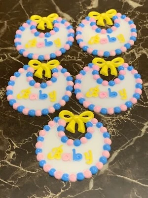 Plastic 2 1/2” Baby Bib Favor Pink Blue Yellow Set Of 12 - Image 1 of 3