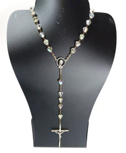 Antique Chaplet Silver Faceted Aurora Borealis Crystal Rosary Crucifix Necklace - Picture 1 of 14