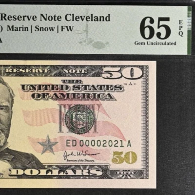 2004 $50 Federal Reserve Note - PMG 65EPQ - Birthday Serial Number 00002021 - Image 1 of 3