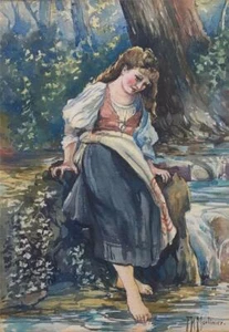 Florence Maud Mortimer -Canada -Ragazza sul fiume -Acquerello originale - Foto 1 di 4