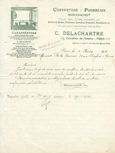 PARIS . FACTURE LETTRE DE 1921. DELACHARTRE, COUVERTURE PLOMBERIE ASSAINISSEMENT - Picture 1 of 1