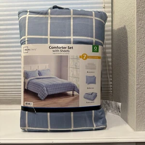 Mainstays Blue Check Reversible 7-piece Bed In A Bag Comforter With Sheets Queen - Picture 1 of 5
