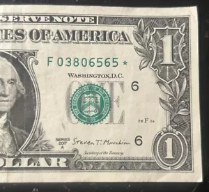 (SELTENER STERNSCHEIN!) 1 $ Stern Schein Seriennummer F03806565 * Serie 2017A * 640K * - Bild 1 von 4