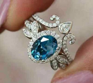 2 CT Oval Cut Simulated Topaz Women's Wedding Halo Ring 14K White Gold Plated - Picture 1 of 5