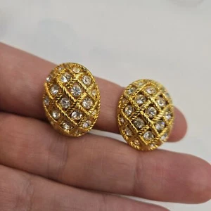 Vintage NOLAN MILLER Gold Tone Quilted Rhinestone Designer Clip On Earrings - Picture 1 of 6