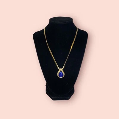 CHRISTIAN DIOR CD Vintage Gold Tone Faux Lapis Statement Pendant Necklace - Image 1 of 4